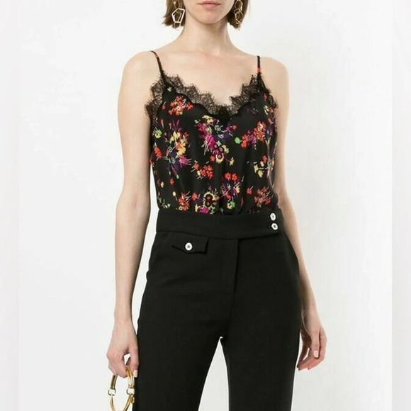 Veronica Beard Gil Floral Print Silk Cami w/Lace in Black Multi Size 12 - Picture 1 of 8